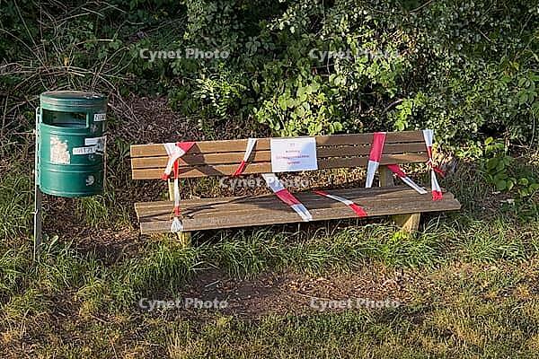 Blocked park bench with warning about oak procession spinners in evening sun, Guxhagen, Hesse, Germany [IBR125180391]