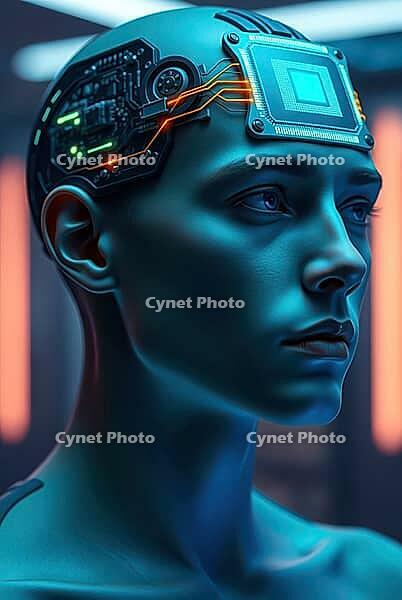 A cybernetc humanoid with digital connections and neural implants, AI generated [IBR125180396]