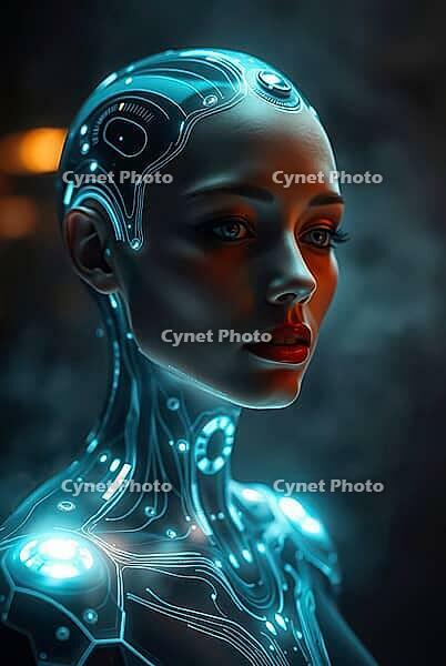 A cybernetc humanoid with digital connections and neural implants, AI generated [IBR125180397]