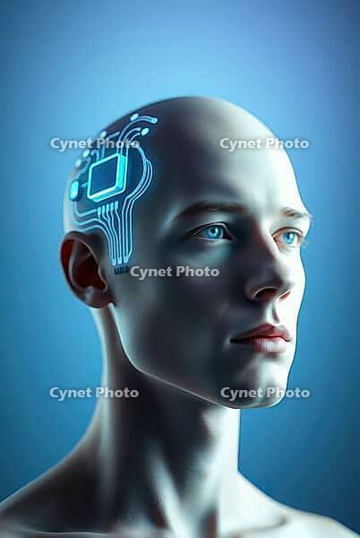 A cybernetc humanoid with digital connections and neural implants, AI generated [IBR125180398]