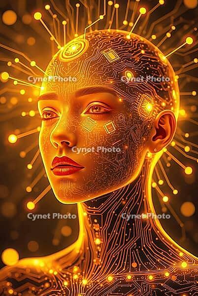 A cybernetc humanoid with digital connections and neural implants, AI generated [IBR125180400]
