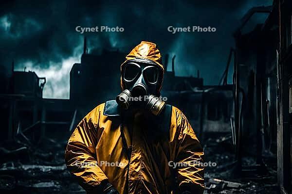 Man in hazmat suit and gas mask walking in a city after an apocalyptic event, AI generated [IBR125180402]
