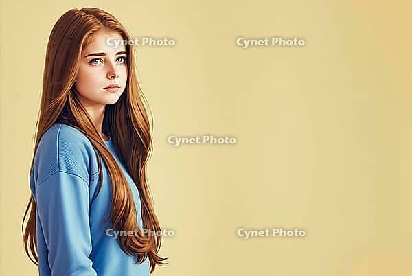 Portrait of a brunette girl tween with long hair, illustration, isolated with copy space, AI generated [IBR125180404]