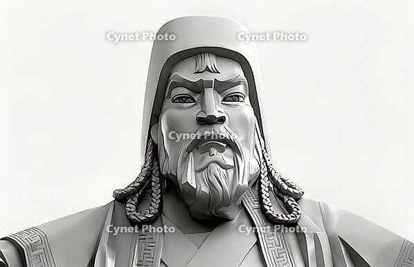 Genghis Khan, Dschingis Khan, or Chinggis Khan, born Temüjin, Temüdschin or Temüüdschin, c. 1162 – 1227, also known as Chinggis Khan, founder and first khan of the Mongol Empire, digitally edited based on a monument to Genghis Khan in Ulaanbaator, Mongoli [IBR125183145]