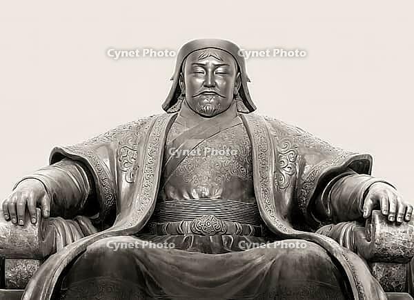 Genghis Khan, Dschingis Khan, or Chinggis Khan, born Temüjin, Temüdschin or Temüüdschin, c. 1162 – 1227, also known as Chinggis Khan, founder and first khan of the Mongol Empire, digitally edited based on a monument to Genghis Khan in Ulaanbaator, Mongoli [IBR125183148]