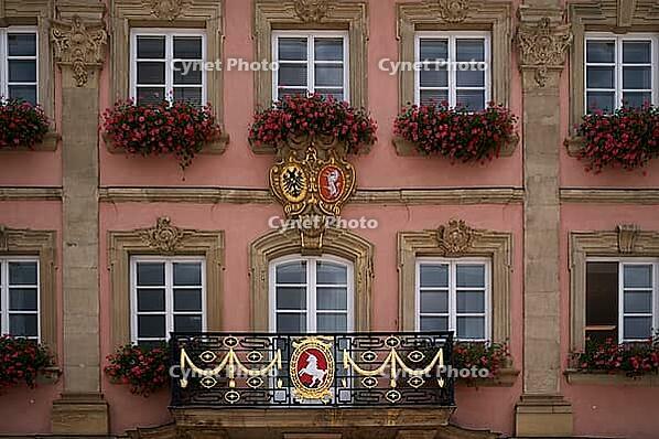 Balcony with unicorn in city coat of arms Town Hall, Schwäbisch Gmünd, Baden-Württemberg, Germany [IBR125183151]