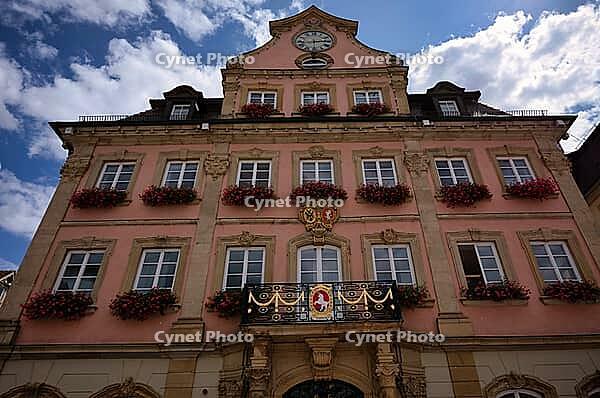 Balcony with unicorn in city coat of arms Town Hall, Schwäbisch Gmünd, Baden-Württemberg, Germany [IBR125183155]