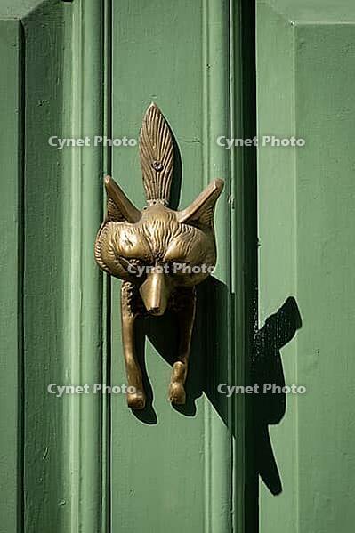 Light green, coffered door with fox shaped brass door knocker and house number 33, Chelsea, London, Great Britain, England, Great Britain [IBR125183184]