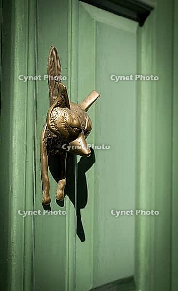 Light green, coffered door with fox shaped brass door knocker and house number 33, Chelsea, London, Great Britain, England, Great Britain [IBR125183197]