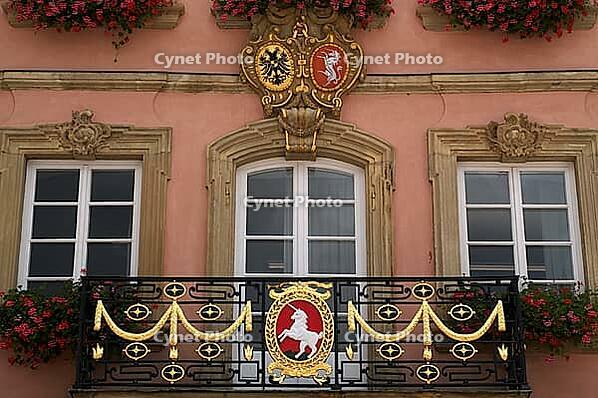 Balcony with unicorn in city coat of arms Town Hall, Schwäbisch Gmünd, Baden-Württemberg, Germany [IBR125183200]