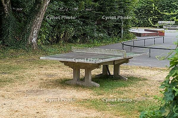 Concrete ping pong table standing in a public park with dry grass and green foliage, Borken, NRW, Germany [IBR125185824]