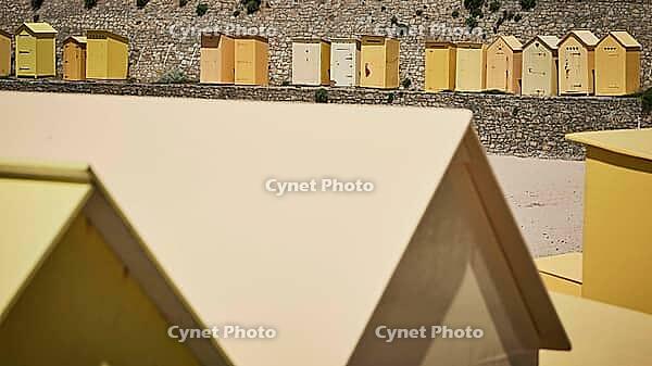 44490 Le Croisic, Bretagne, France, yellow bathhouses at Port Saint Michel [IBR125185859]