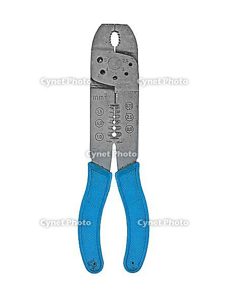Vintage rusty wire stripping and cutting pliers wrench over white, clipping path [IBR125188165]