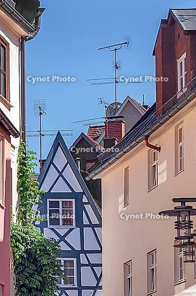 Half-timbered house and pointed gable roofs with antennas, Fischersteige, Kempten, Allgäu, Bavaria, Germany [IBR125188227]