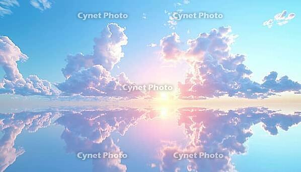 Blue Skies And Azure Seas: A Stunning Reflection Of Cumulus Clouds In Salt Lake On A Sunny Summer Day, AI generated [IBR125195677]