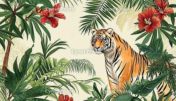 Traditional Indian Tapestry: Vintage Exotic Nature Print With Hand-Drawn Tropical Summer Patterns, Jungle Animals, Tigers, Doodles, And Palm Trees, AI generated [IBR125195679]