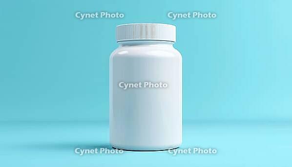 White Vitamin Bottle Mockup On Blue Background With Custom Branding, Unlabeled Nutritional Supplement Jar For Health Care Packaging Presentation And Clean Medicine Design, AI generated [IBR125195682]