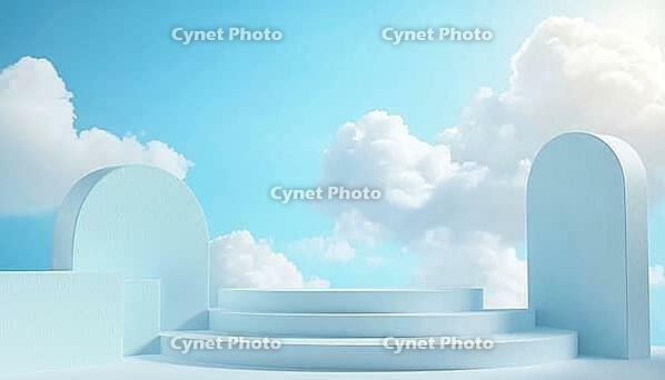 Sky Blue And Cloud White Podium Platform Step For Summer Cosmetic Product Presentation In Spring Nature Landscape With Building Wall, AI generated [IBR125195686]