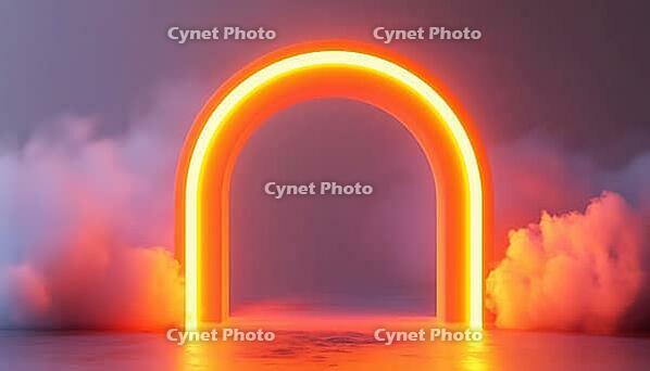 Futuristic Magic Stage: Neon Arch Glowing With Orange Portal, Circle Gate, And Vaporous Smoke, AI generated [IBR125195692]