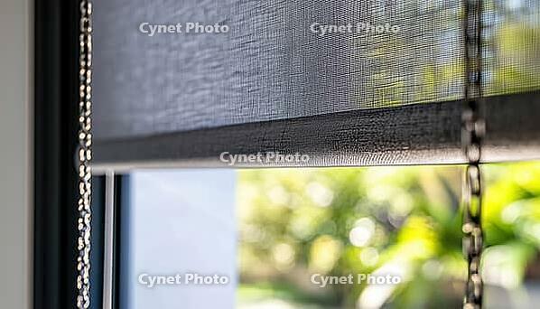 Close-Up View Of Roller Blinds On Windows In Interior With Blackout Shades For Large Windows, Chain Control, Grey, Ure Material, Sun Protection, And Decorative Accents, AI generated [IBR125195715]
