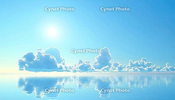 Summer Clear Skies And White Clouds Over Blue Ocean: A Peaceful Beach Landscape At Sunrise In Winter And Spring, AI generated [IBR125195725]