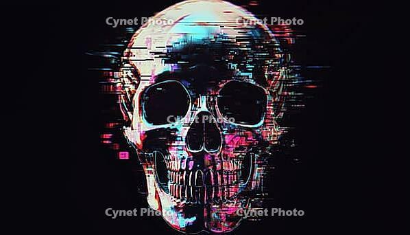 Modern Element For Branding: Distorted Glitch Human Skull On Black Background. Stylish Design For Cover, Poster, Print File, AI generated [IBR125195729]