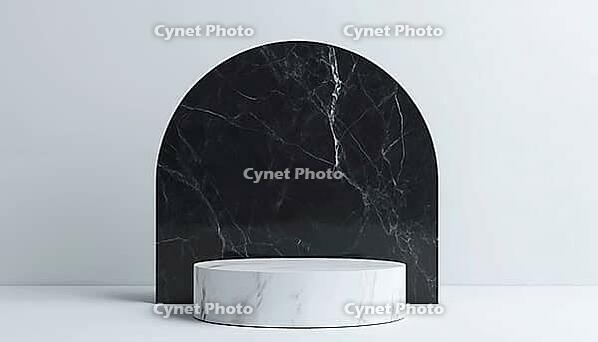 Abstract Art Deco Geometric Frame: Clean White Pedestal Street On Black Marble Memorial - Fashionable Mockup With Blank Space, AI generated [IBR125195732]