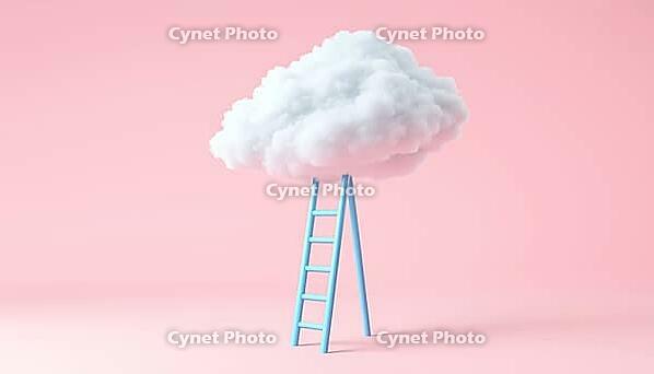 White Fluffy Cloud Above Blue Ladder Stands Out On Pink Background, Creating A Striking And Vibrant Contrast In The Scene, AI generated [IBR125195736]
