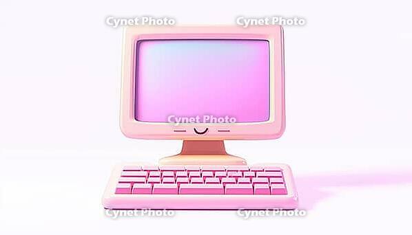 Vintage Computer Interface With Vaporwave Aesthetics And Smiley Face Stickers - Perfect For Social Media Stories Or Templates. Keyboard Included, AI generated [IBR125195738]