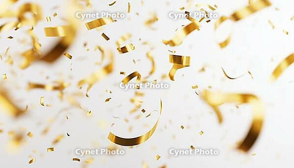 Elegant Gold Confetti And Ribbon Streamers Cascading Down In A Soft Focus Background. Minimal And Chic Celebration Decor, AI generated [IBR125195745]