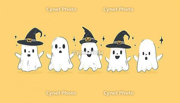 Adorable Halloween Ghosts In Yellow: Featuring Ghosts In Witch Hats, Ghosts Without Hats, And Cute Kitty Ghosts In Witch Hats, AI generated [IBR125195750]
