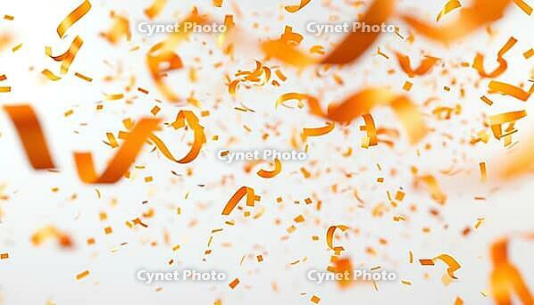 Vibrant Orange Confetti And Ribbon Streamers Cascading In A Blurred Background. Celebratory And Festive Decoration Display. Colorful Particles And Ribbons, AI generated [IBR125195759]