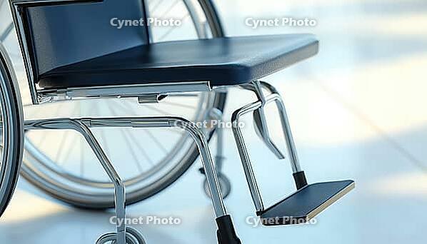 Close-Up Of Wheelchair With Handicap Symbol On Pavement, Showing Empty Seat. View Of Empty Wheelchair With Pavement Handicap Sign, AI generated [IBR125200663]