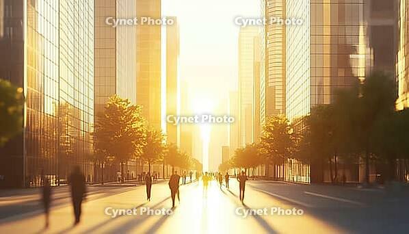 Warm Light And Long Shadows In A Bustling City Street During The Golden Hour As People Enjoy Their Evening Stroll, AI generated [IBR125200673]