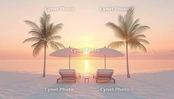 Serene Paradise Setting: Two Sun Beds, Loungers, And Umbrella Beneath Palm Tree On White Sand Beach. Spectacular Sea View, Tranquil Twilight Sky At Inspirational Beach Resort Hotel, AI generated [IBR125200678]