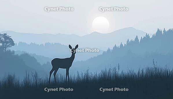 Mystical Landscape: Silhouette Of Deer, Doe, And Fawn In Forest Meadow With Trees, Grass, And Mountains In The Background. Blue Bookmark Included, AI generated [IBR125200683]