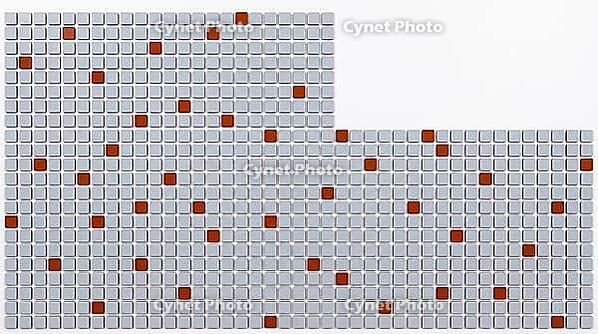 Precise rectangular grid of 637 small square cells, 577 pale grey representing normal operating days and 60 scattered amber-red cells representing fire protection alarm abnormal status days across 21 months, chronic industrial safety monitoring failure co [IBR125200690]