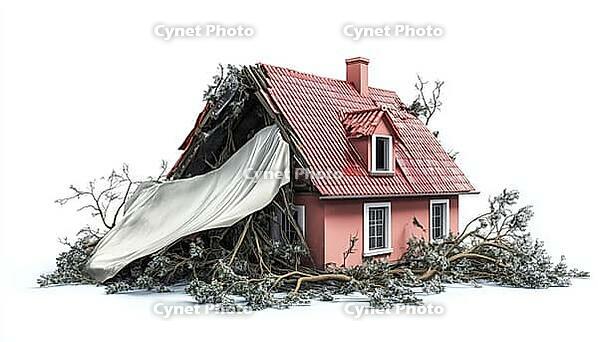 Severe Winter Storm Causes Residential House Damage With Fallen Trees And Limbs, Temporary Tarp On Roof Until Repairs, AI generated [IBR125200697]