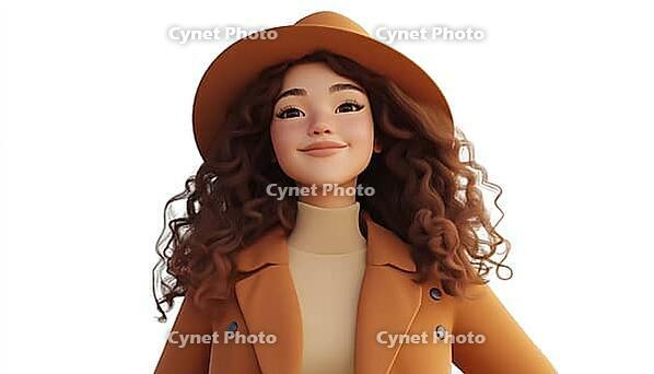 Stylish Woman With Long Curly Hair Walking In Park In Trendy Autumn Fashion, Wearing Brown Coat And Hat. Trendy Street Style, AI generated [IBR125200703]