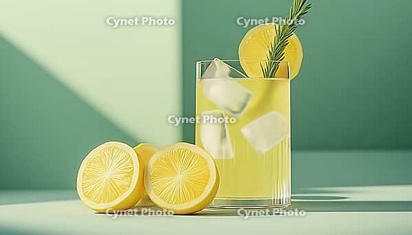 Refreshing Summer Lemonade Or Cocktail With Ice, Rosemary, And Lemon Slices On Pastel Light Green Surface. Fresh, Healthy Cold Lemon Beverage With Lemon-Infused Water, AI generated [IBR125200713]