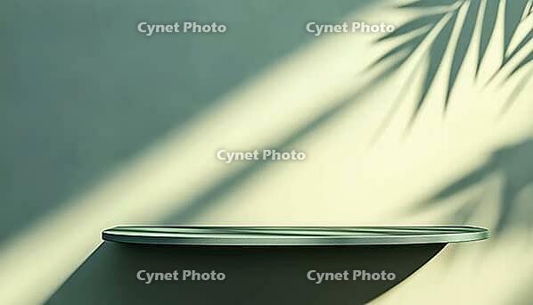 Dark Green Wall With An Empty Table, Sun Reflections, And Leaves Shadows. Bokeh For Product Presentation: Mock Up For Branding Products Such As Cosmetics And Food, AI generated [IBR125200714]