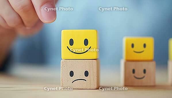 Customer Selects Happy Face Over Sad Face On Wooden Cube For Service Rating And Satisfaction. Close Up Shot Captures Decision, AI generated [IBR125200728]