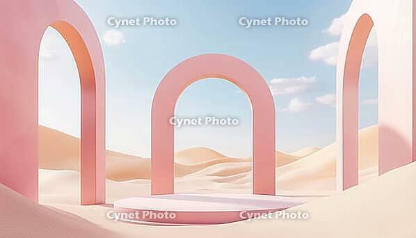 Abstract Surreal Pastel Landscape: Panoramic View Of Dune Scene With Arches And Podium, Blue Sky And Cloudy, Ideal For Product Display, AI generated [IBR125200730]