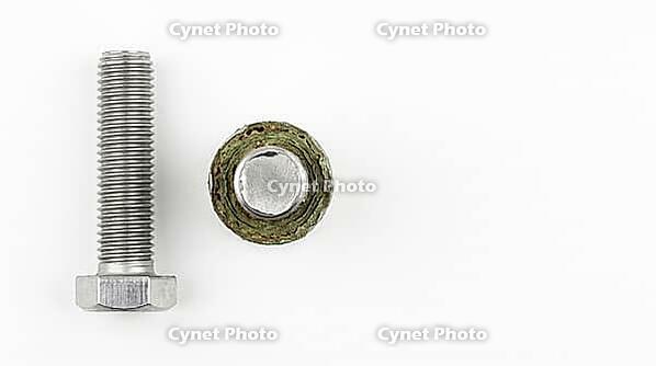 New steel hex bolt beside cross-sectioned failed bolt showing corrosion pitting ring surrounding clean mechanical fracture center, stress-corrosion failure within 56 days of chlorinated chemical storage, industrial fire protection safety concept, white ba [IBR125200732]