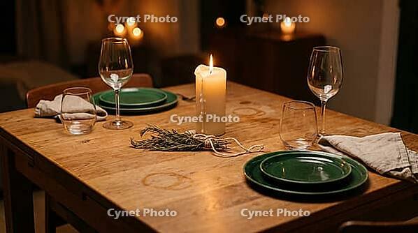 Winter dining table set for imperfect gathering, mismatched emerald ceramic plates, tilted cream pillar candle with wax drips, dried rosemary centrepiece, two different wine glasses, warm candlelight only, no people, Christmas hosting concept, studio shot [IBR125200736]