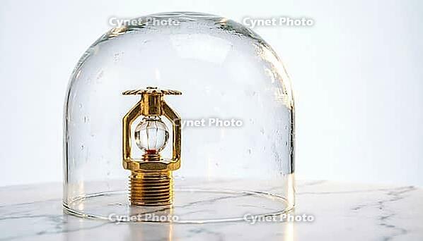 Brand-new brass fire sprinkler head displayed inside sealed clear glass bell jar dome with faint inner condensation, invisible corrosive atmosphere and chemical storage safety concept, white marble base, studio shot, AI generated [IBR125200738]