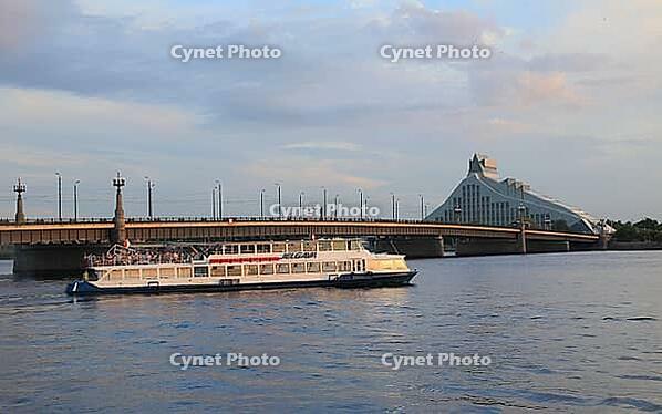 Akmens Bridge over Daugava, New National Library, tourist boat, Riga, Latvia [IBR125203183]
