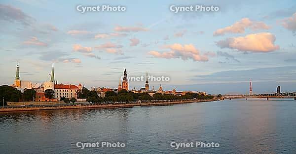 Panoramic old town and Daugava river, castle. St. Mary's Cathedral, St. Peter's Church, TV Tower, seen from Vansubrücke, Vansu Tilts across Daugava, Riga, Latvia [IBR125203184]