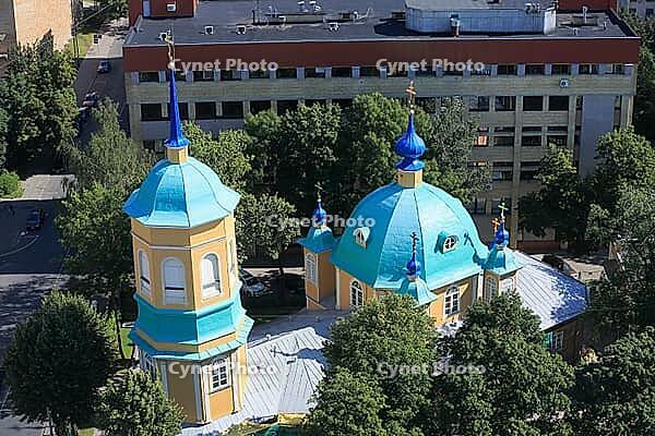 Russian Orthodox Church in Moscow suburb, seen from the skyscraper of the Academy of Sciences, Riga, Latvia [IBR125203190]