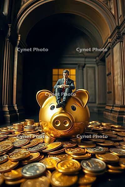 Businessman sitting on a golden piggybank, standing on a pile of gold coins, AI generated [IBR125203204]